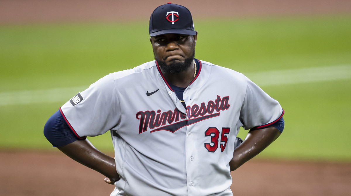 Jun 1, 2021; Baltimore, Maryland, USA; Minnesota Twins starting pitcher Michael Pineda (35) reacts after giving up a run against the Baltimore Orioles during the third inning at Oriole Park at Camden Yards.